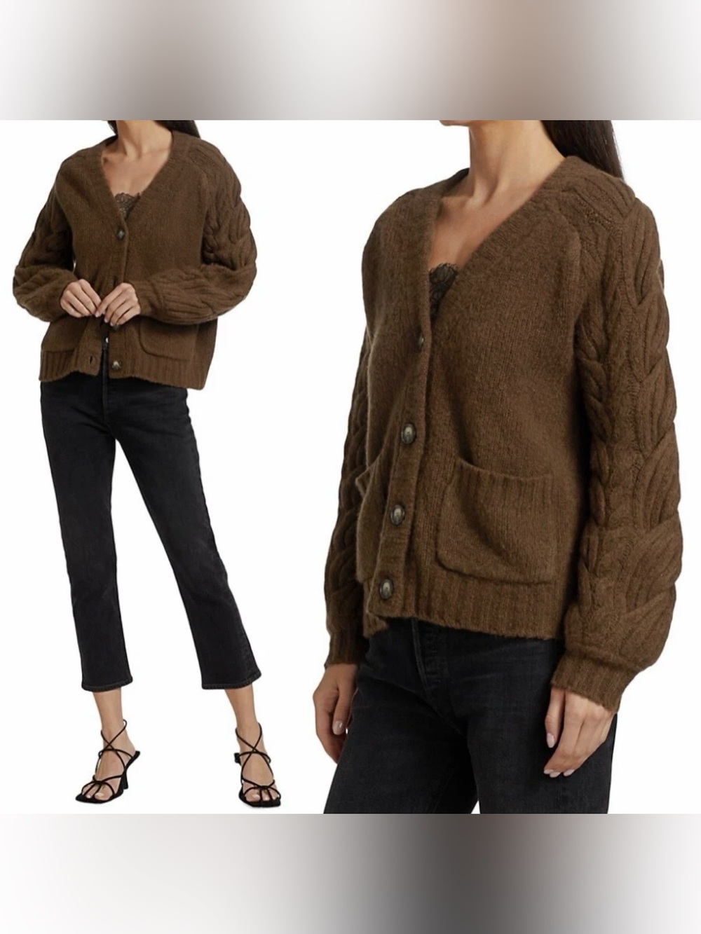 NAADAM Hand Knit Cable Sleeve Wool Cashmere-Blend Cardigan Brown Cacao Size XS